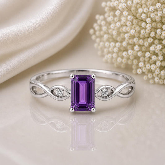 Sterling Silver Emerald Cut Amethyst Infinity Ring, February Birthstone, Purple Gemstone