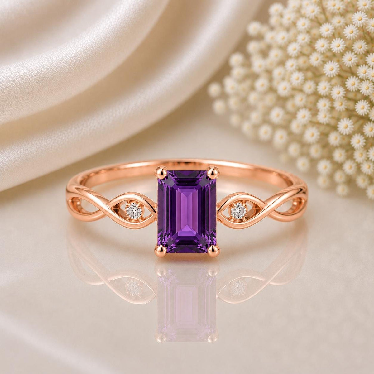 Sterling Silver Emerald Cut Amethyst Infinity Ring, February Birthstone, Purple Gemstone