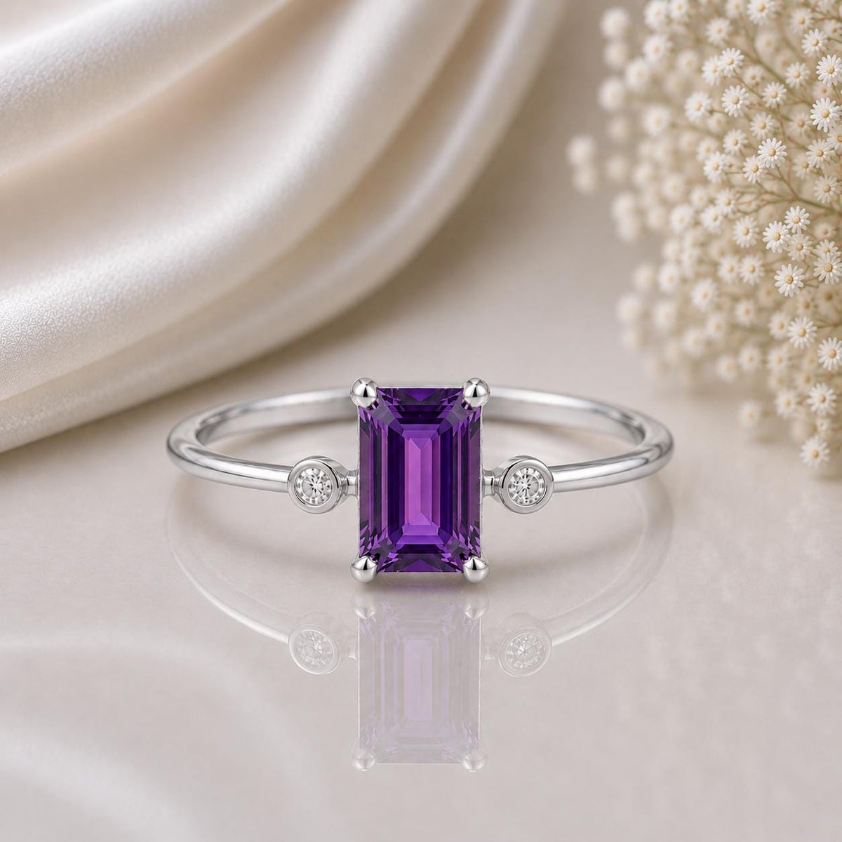 925 Sterling Silver Emerald Cut Amethyst Ring, Minimalist Purple Gemstone Promise
