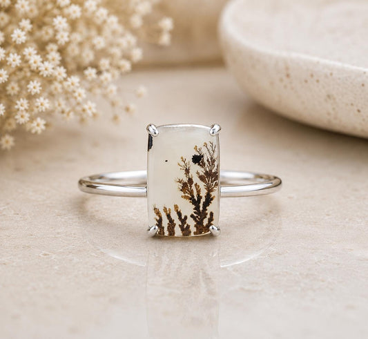 Shazar Dendrite Agate Ring, Sterling Silver, Rectangle Nature Gemstone, Minimalist Artisan Jewelry