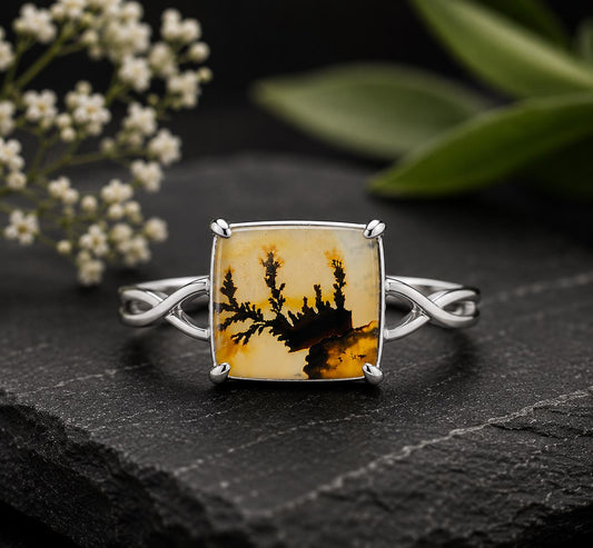 Shazar Dendrite Agate Ring, Sterling Silver Twisted Vine Band, Nature Inspired Cushion Square Cabochon