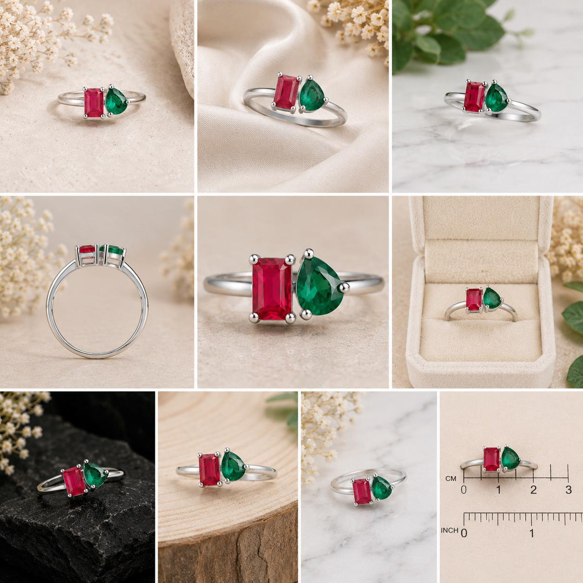 Sterling Silver Two Stone Ring, Emerald Cut Ruby, Pear Emerald CZ