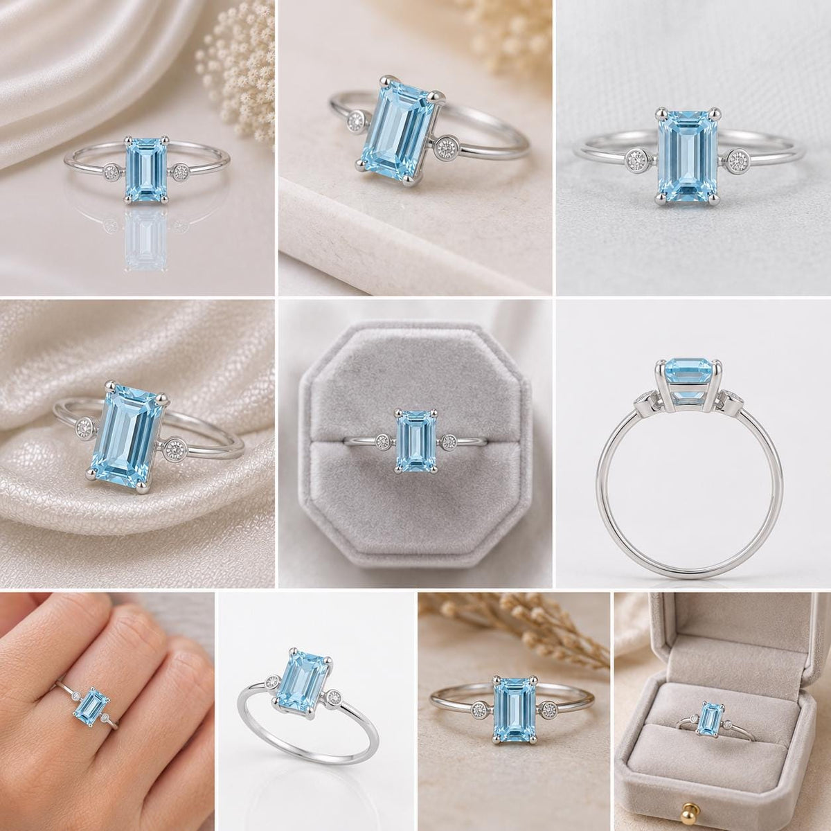Emerald Cut Blue Topaz Ring, Sterling Silver, Moissanite Accents, Minimalist Promise Ring