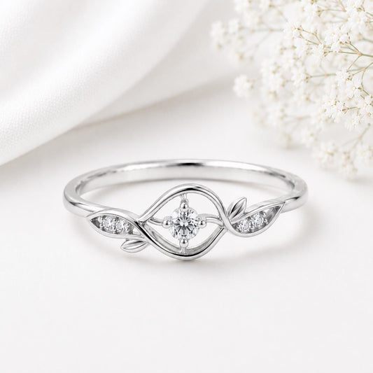 925 Sterling Silver Moissanite Leaf Vine Ring, Nature Inspired Minimalist Engagement