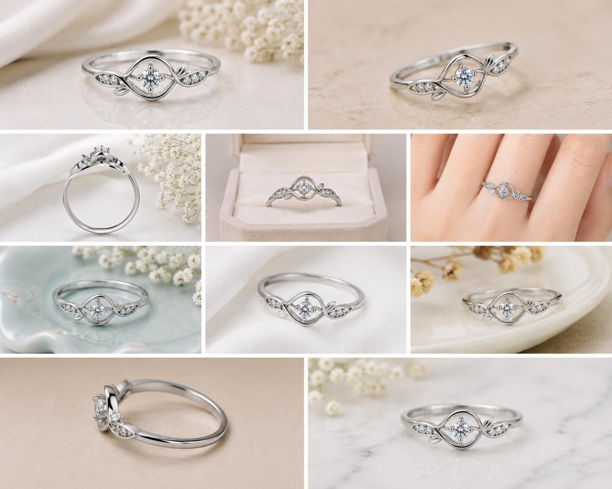925 Sterling Silver Moissanite Leaf Vine Ring, Nature Inspired Minimalist Engagement
