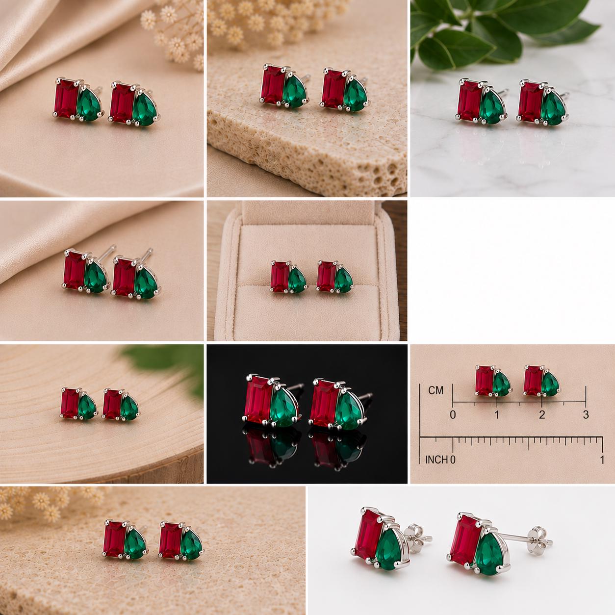 Ruby Emerald CZ Toi Et Moi Stud Earrings, 925 Sterling Silver, Handmade Minimalist Jewelry