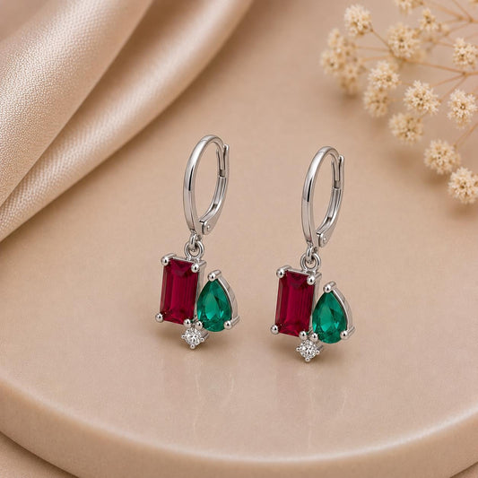 Ruby Emerald CZ Hoop Earrings, 925 Sterling Silver Dangle Toi Et Moi Jewelry