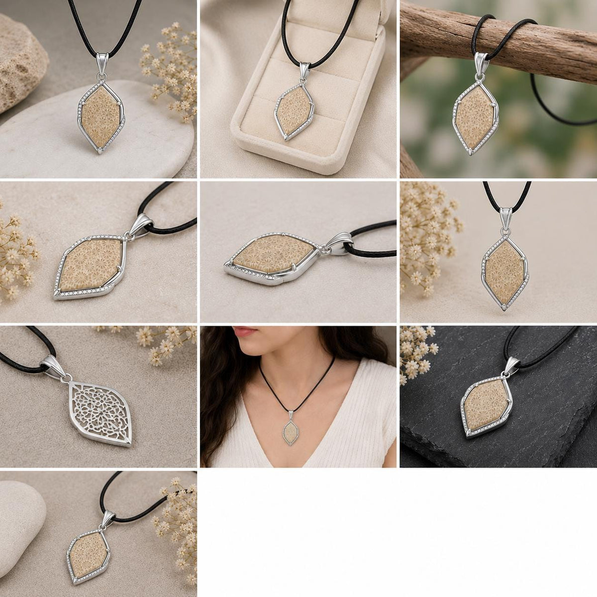Marquise Fossil Coral Pendant, 925 Sterling Silver, Nature Stone Jewelry, Artisan Pendant