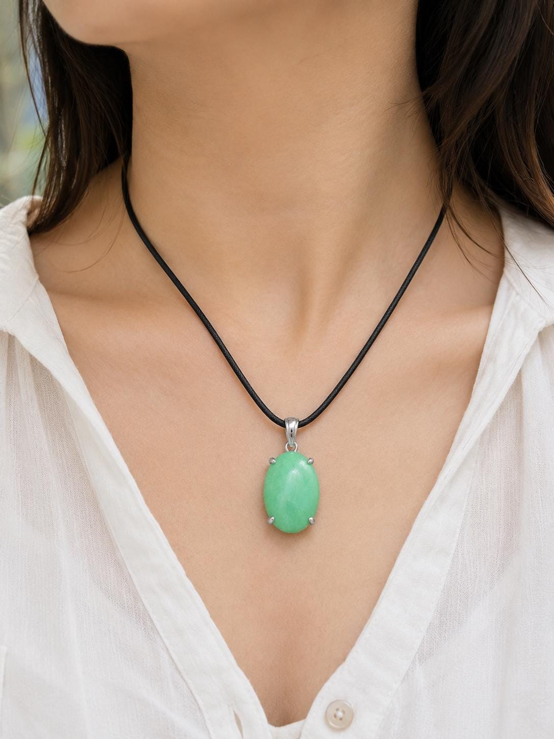 Oval Chrysoprase Pendant, 925 Sterling Silver, Natural Green Gemstone Necklace