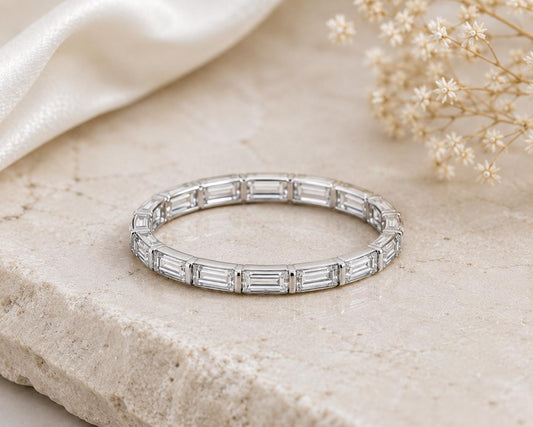 Sterling Silver Emerald Cut CZ Full Eternity Wedding Band, Stackable Anniversary Ring