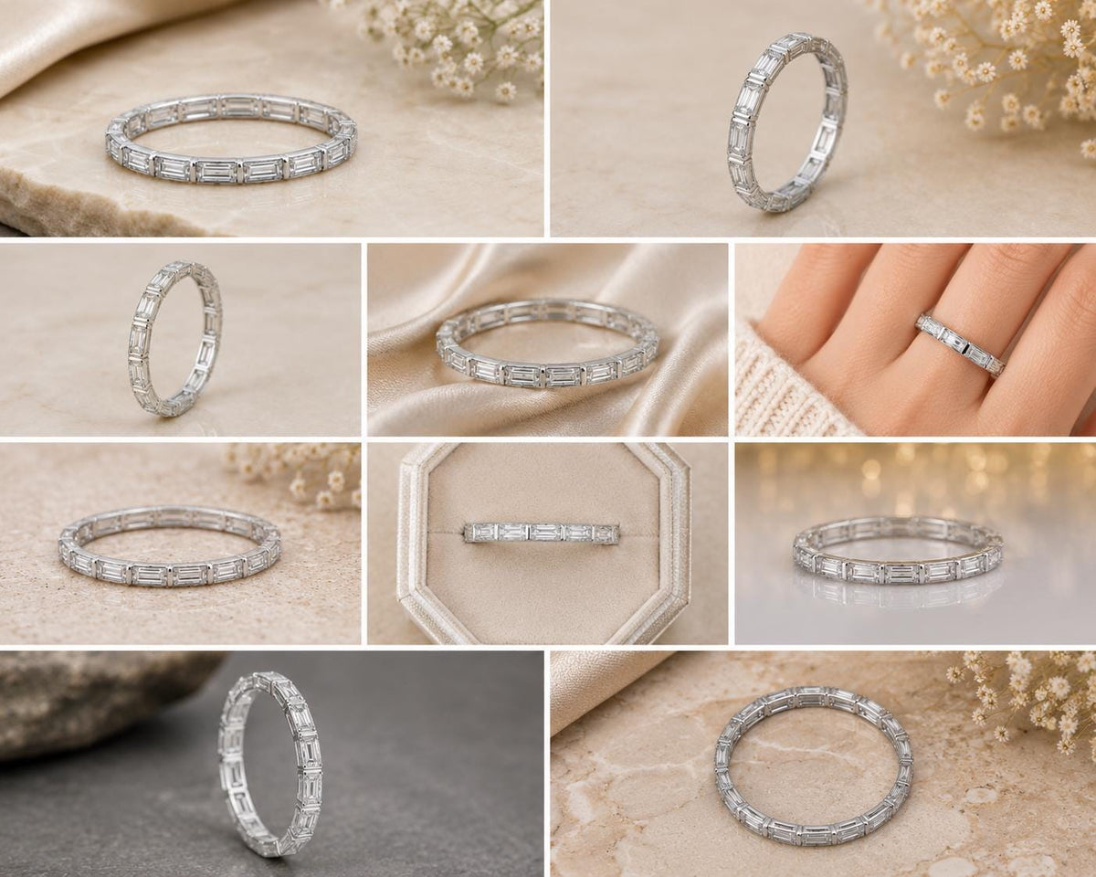 Sterling Silver Emerald Cut CZ Full Eternity Wedding Band, Stackable Anniversary Ring