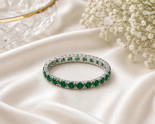 925 Sterling Silver Emerald Green CZ Full Eternity Ring, Stackable Wedding Band Gift