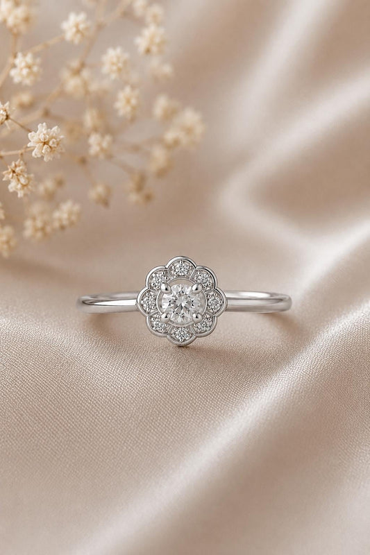 Sterling Silver Floral Halo Ring, Cubic Zirconia Daisy Promise Ring