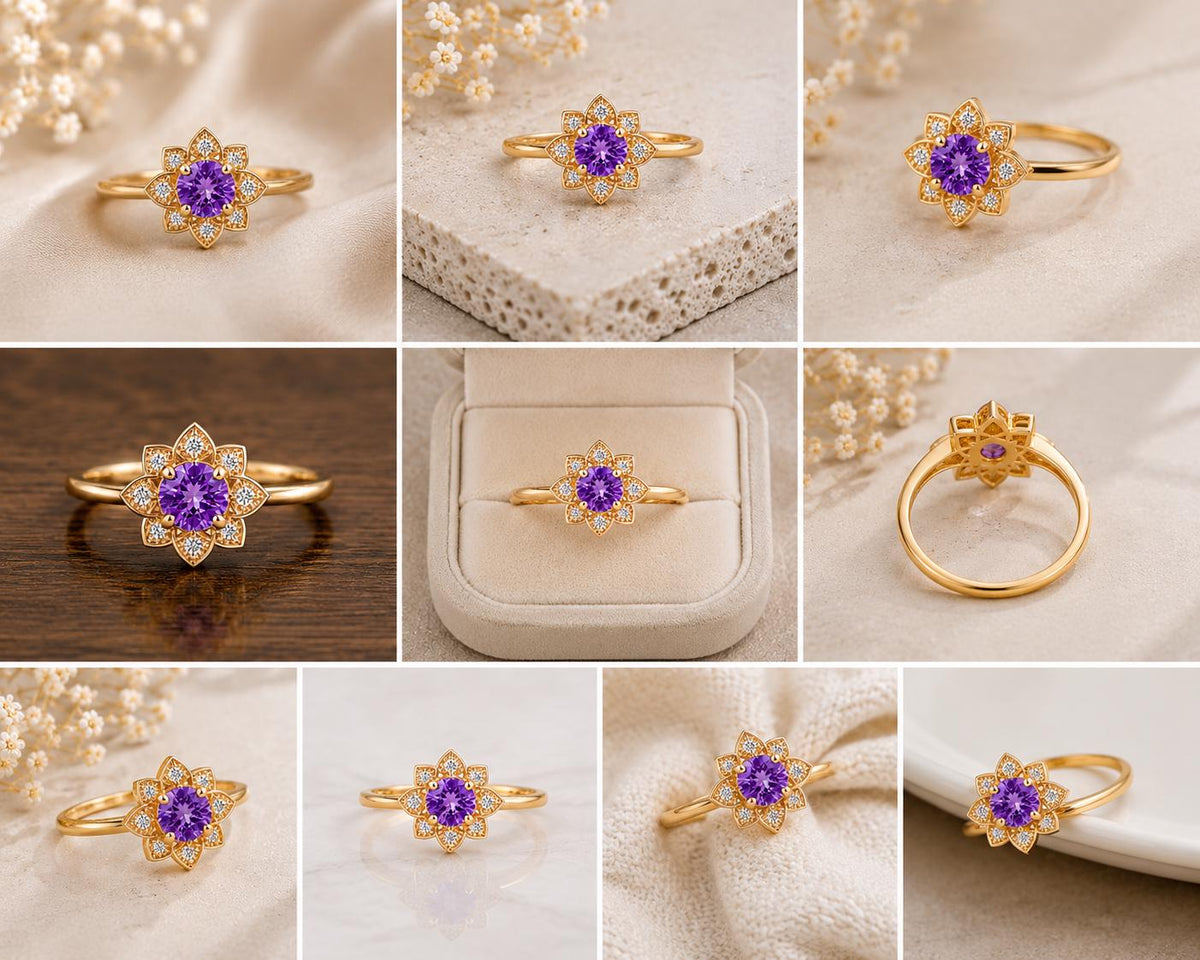 Sterling Silver Amethyst Floral Halo Ring, February Birthstone, Dainty Promise Ring