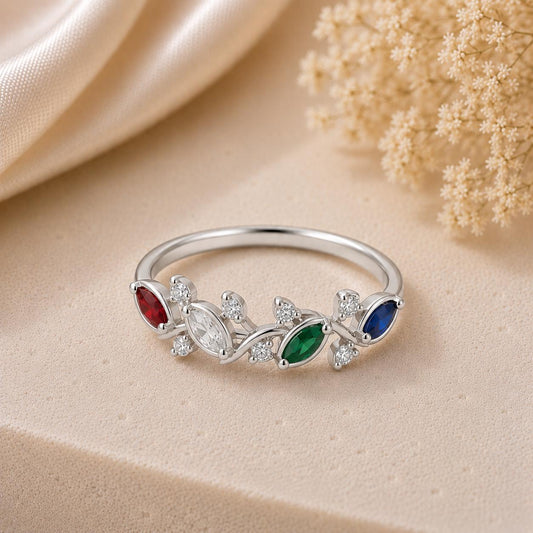 925 Sterling Silver Marquise Birthstone Ring, Leaf Design, Personalized Family Jewelry