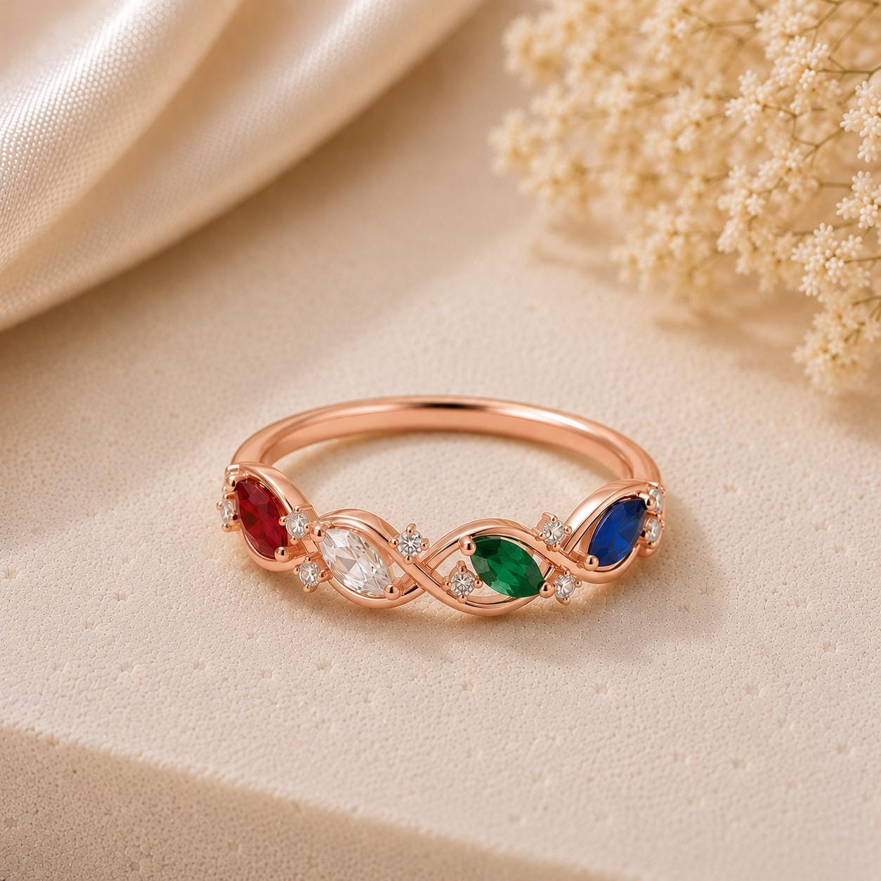 925 Sterling Silver Family Birthstone Ring, Infinity Design, Multi Color CZ, Personalized Mom Gift