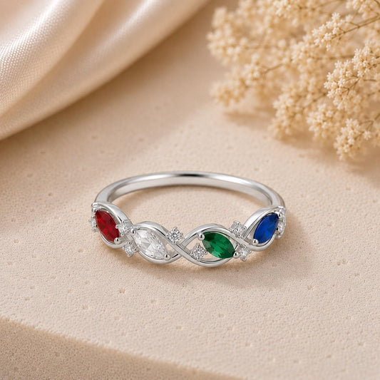 925 Sterling Silver Family Birthstone Ring, Infinity Design, Multi Color CZ, Personalized Mom Gift