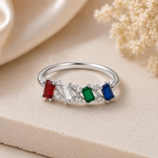925 Sterling Silver Family Birthstone Ring, Multi Color CZ, Personalized Mother's Ring