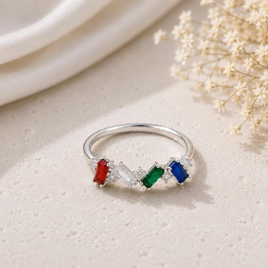 Personalized Family Birthstone Ring, Sterling Silver Baguette CZ, Modern Minimalist Jewelry