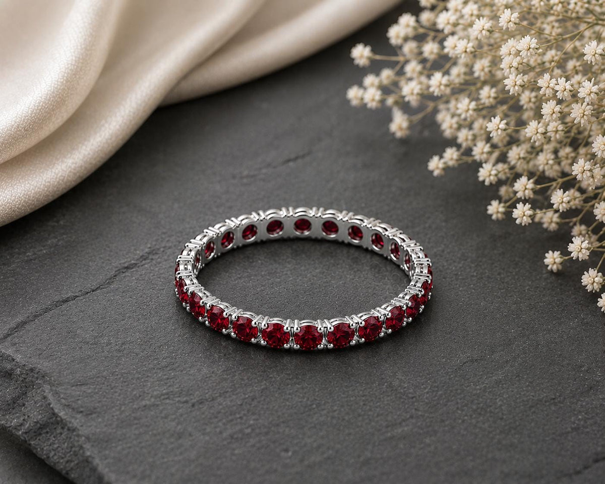 Sterling Silver Ruby Red CZ Eternity Band, Stackable Wedding Anniversary Ring