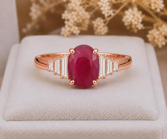 Oval Indian Ruby Engagement Ring, 925 Sterling Silver, Baguette CZ Accents