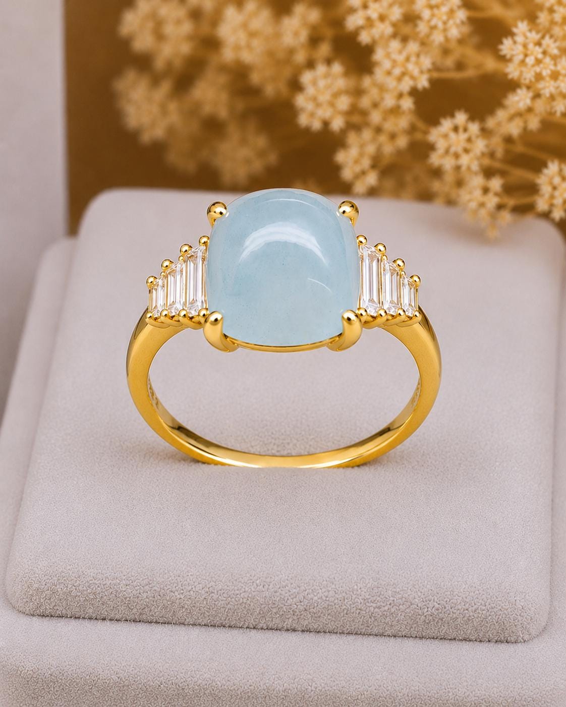 Cushion Aquamarine Ring, Sterling Silver, Baguette CZ Accents, March Birthstone Engagement Ring