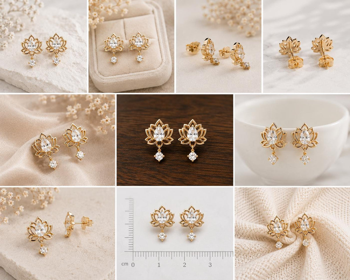 Sterling Silver Moissanite Lotus Drop Earrings, Dainty Floral Studs