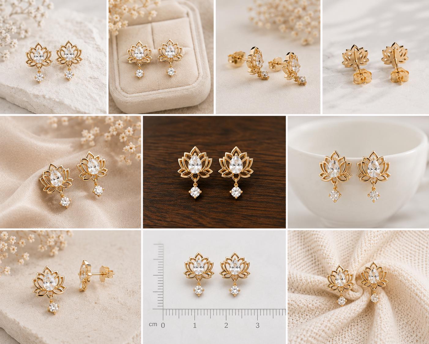 Sterling Silver Moissanite Lotus Drop Earrings, Dainty Floral Studs