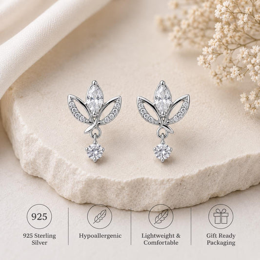 925 Sterling Silver Moissanite Lotus Earrings, Marquise Cut Floral Drop Jewelry