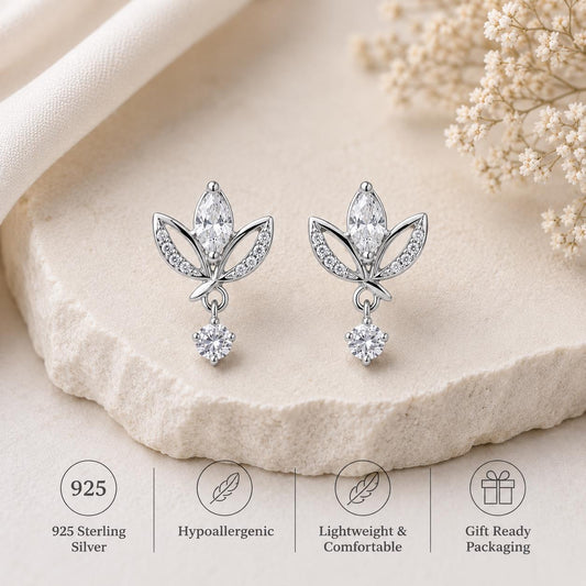 925 Sterling Silver Moissanite Lotus Earrings, Marquise Cut Floral Drop Jewelry