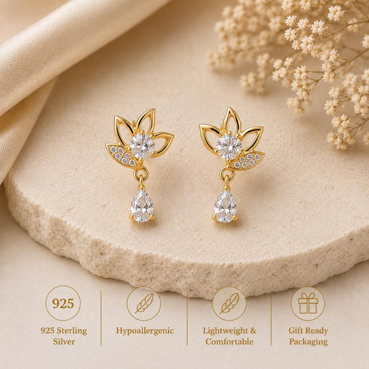 925 Sterling Silver Moissanite Lotus Drop Earrings, Floral Bridal Dangle Jewelry