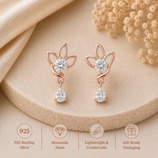 925 Sterling Silver Moissanite Lotus Drop Earrings, Floral Bridal Jewelry