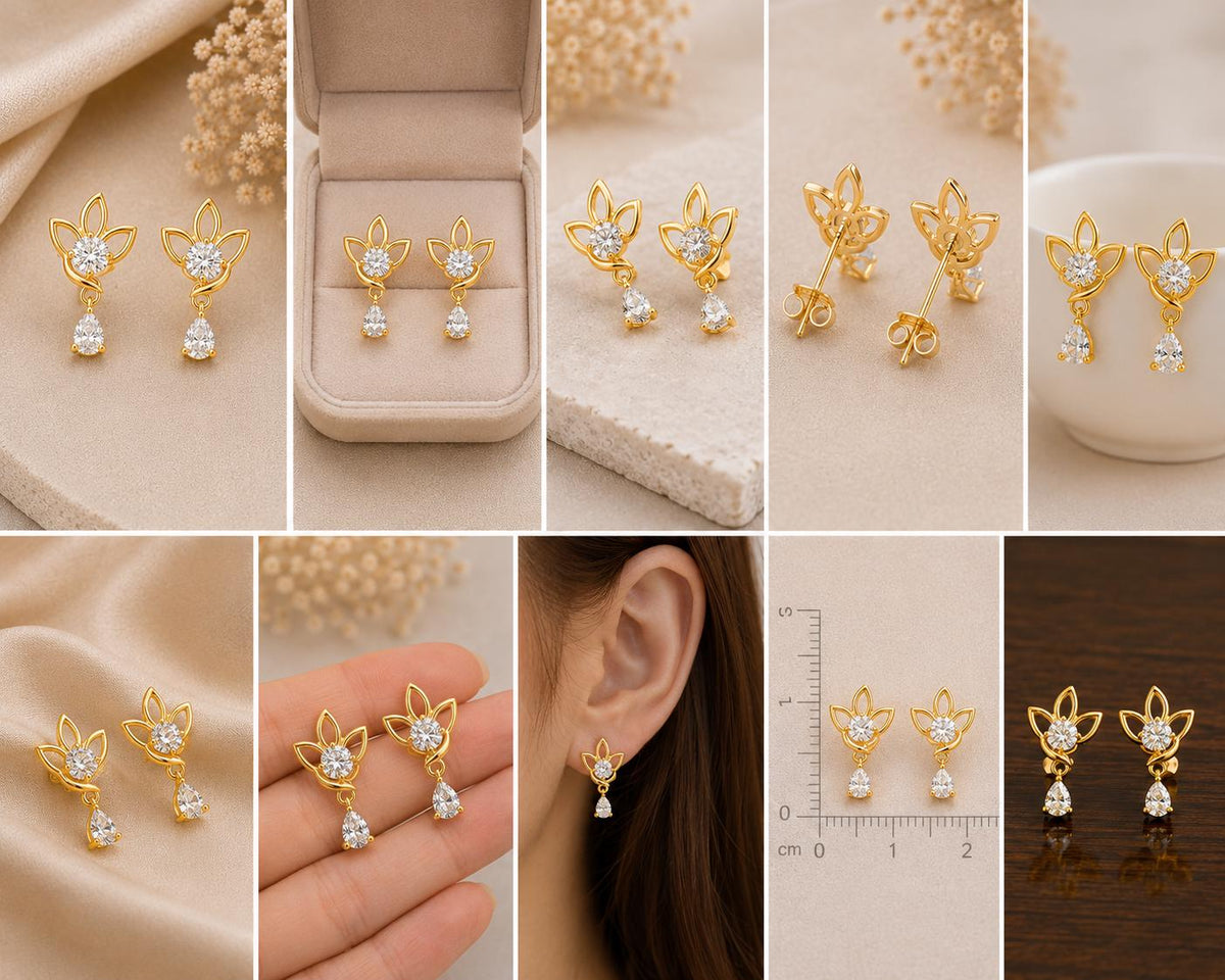 925 Sterling Silver Moissanite Lotus Drop Earrings | Floral Bridal Jewelry