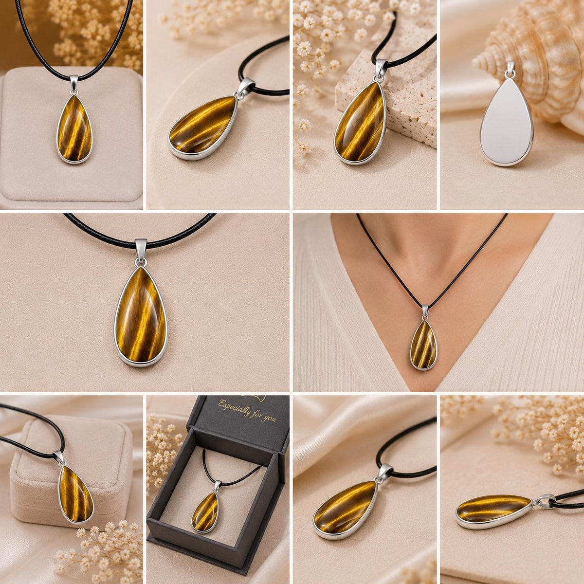 Sterling Silver Teardrop Tiger Eye Pendant Necklace, Protection Stone Jewelry