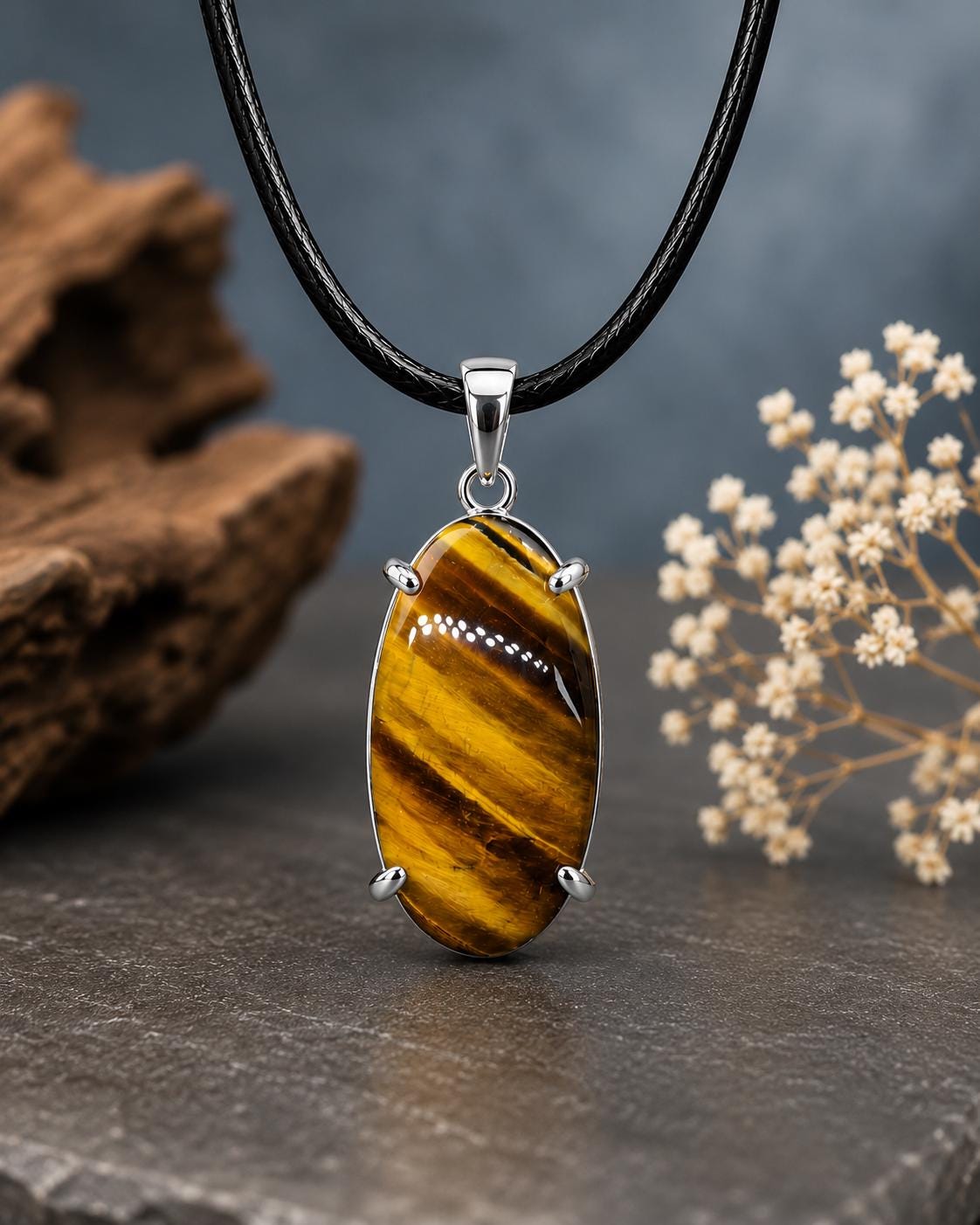 925 Sterling Silver Oval Tiger Eye Pendant Necklace, Boho Gemstone Jewelry