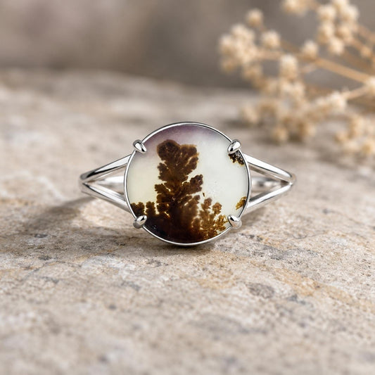Shazar Dendrite Agate Statement Ring, Sterling Silver Nature Jewelry