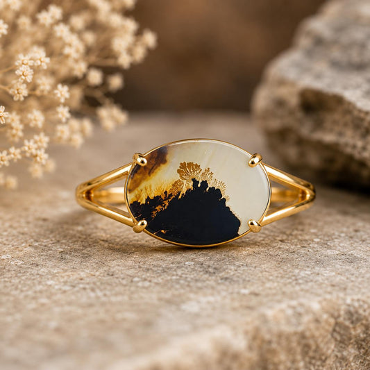 Shazar Dendrite Agate Ring, Oval Sterling Silver Nature Statement Ring