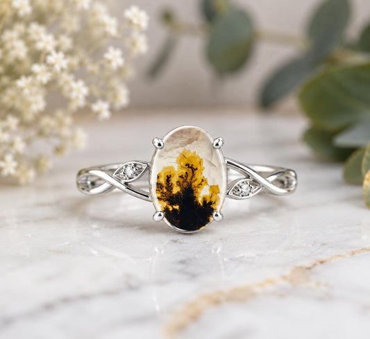 Shazar Dendrite Agate Ring, Oval Sterling Silver Nature Inspired Leaf Vine Jewelry