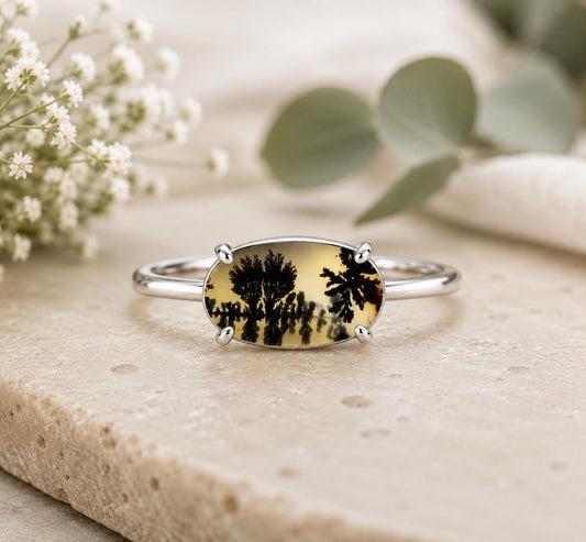 Shazar Dendrite Agate Ring, Sterling Silver Landscape Nature Jewelry
