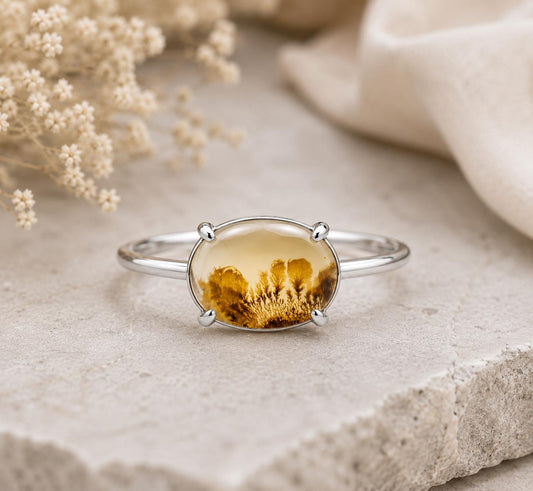 Golden Shazar Dendrite Agate Ring, Oval Botanical Sterling Silver, Nature Inspired Jewelry