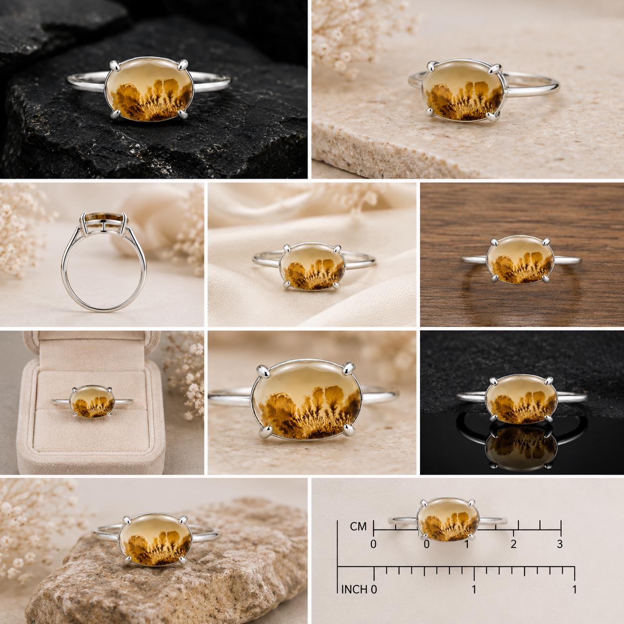 Golden Shazar Dendrite Agate Ring, Oval Botanical Sterling Silver, Nature Inspired Jewelry