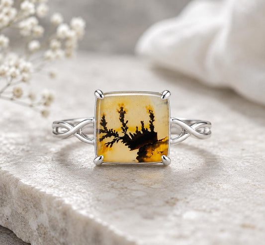 Shazar Dendrite Agate Ring, Sterling Silver Twisted Vine Band, Nature Inspired Cushion Square Cabochon