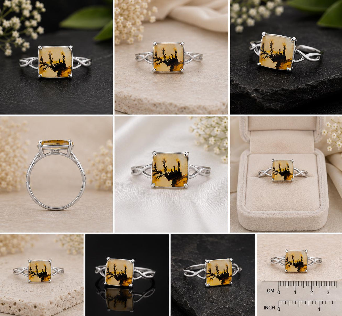 Shazar Dendrite Agate Ring, Sterling Silver Twisted Vine Band, Nature Inspired Cushion Square Cabochon