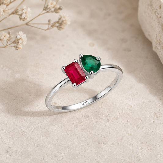 Sterling Silver Two Stone Ring, Emerald Cut Ruby, Pear Emerald CZ