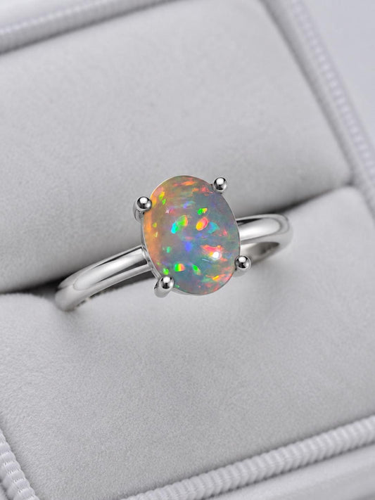 925 Sterling Silver Oval Opal Solitaire Ring, October Birthstone Promise Ring