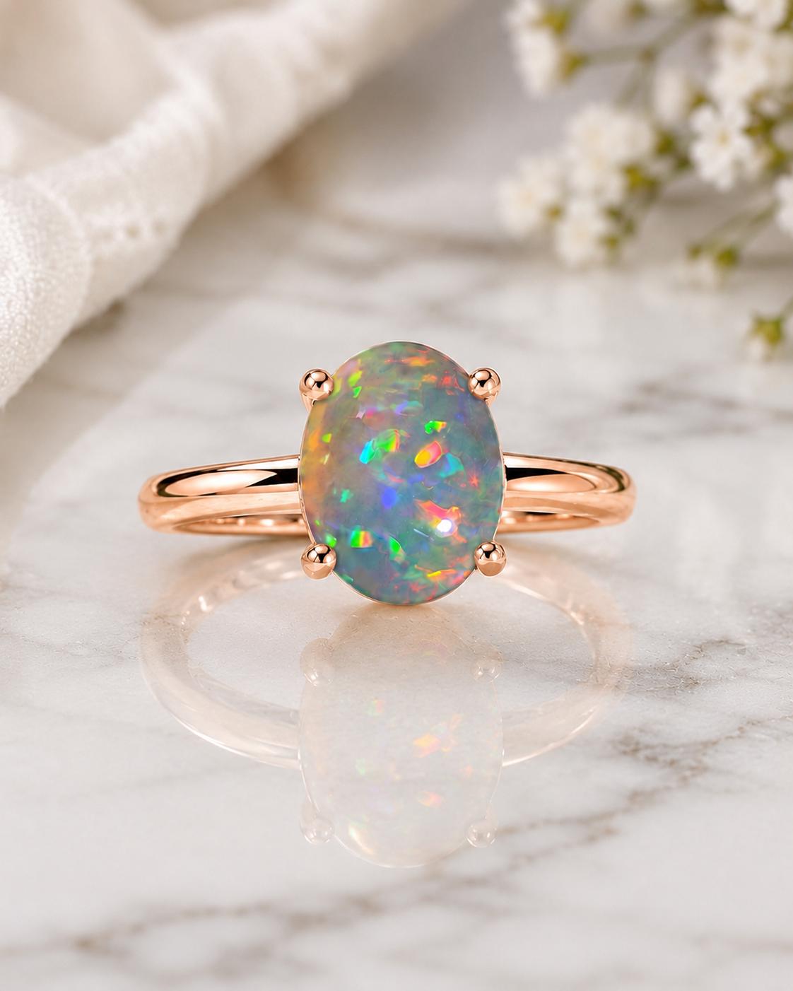 925 Sterling Silver Oval Opal Solitaire Ring, October Birthstone Promise Ring