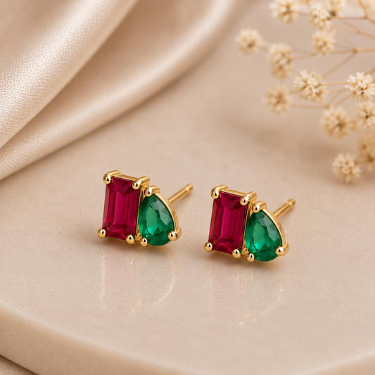 Ruby Emerald CZ Toi Et Moi Stud Earrings, 925 Sterling Silver, Handmade Minimalist Jewelry