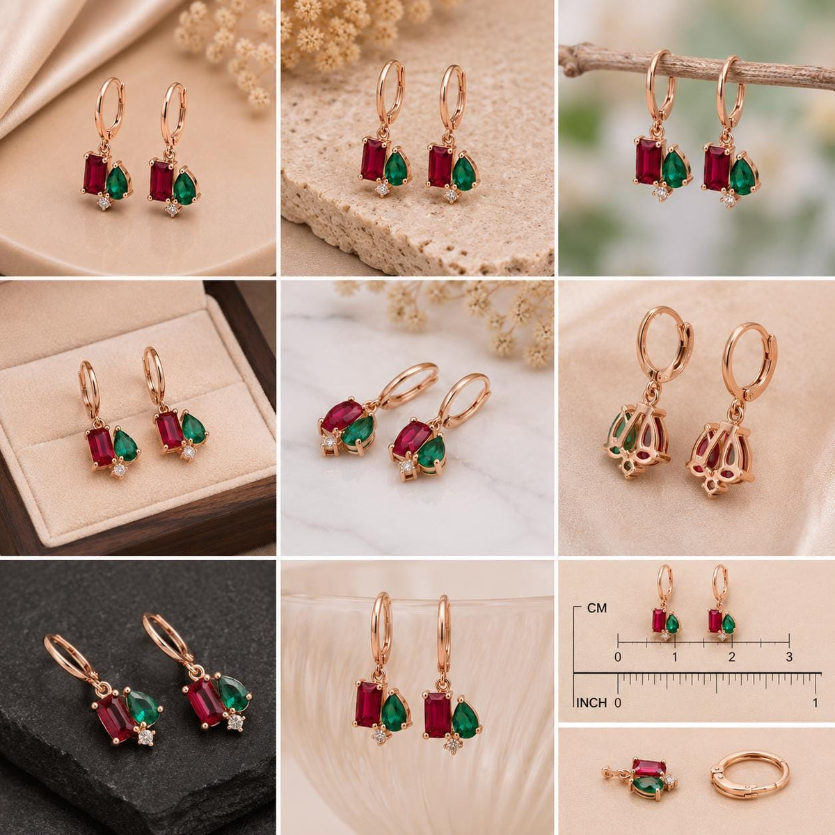Ruby Emerald CZ Hoop Earrings, 925 Sterling Silver Dangle Toi Et Moi Jewelry