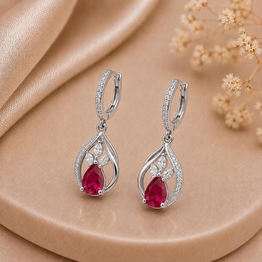 Sterling Silver Pear Ruby CZ Drop Earrings, Floral Vintage Style Jewelry
