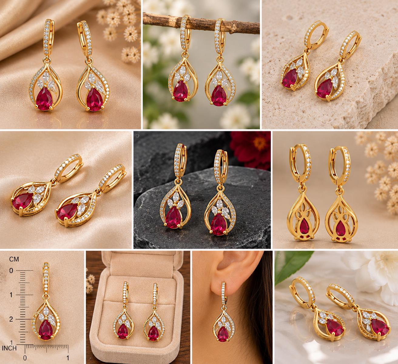 Sterling Silver Pear Ruby CZ Drop Earrings | Floral Vintage Style Jewelry